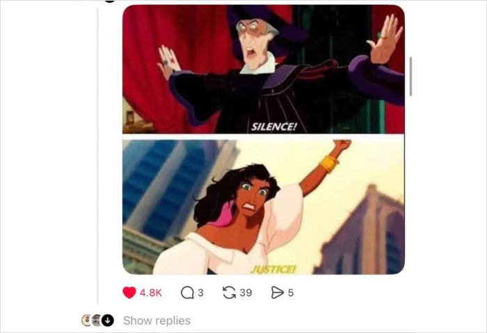 Meme from Disney thread showing animated characters with text silence and justice, highlighting viral discussion impact.
