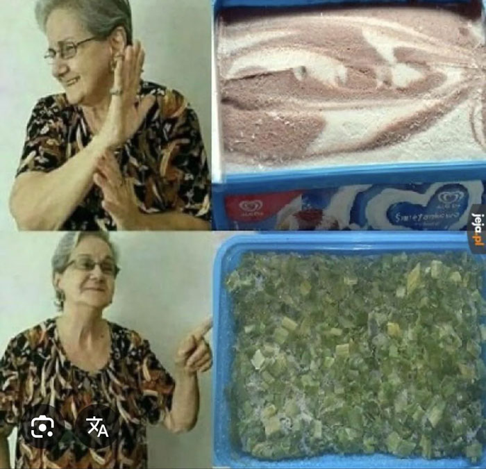 Elderly woman showing two household items, highlighting unique frozen food containers from different countries.