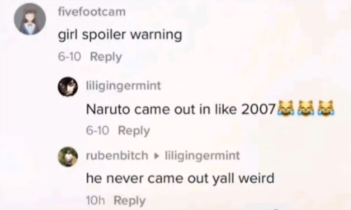 Screenshot of weird and funny TikTok comments discussing Naruto release with playful user interactions.
