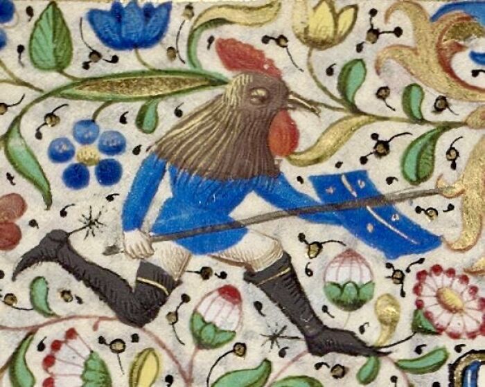 Medieval painting of a figure with a rooster head running with a flag surrounded by colorful flowers and foliage details.