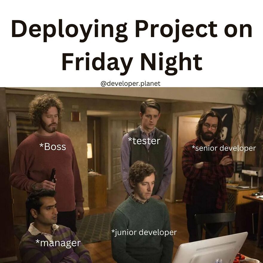 Group of developers and managers working late on Friday night, highlighting ultimate work-life balance disasters in jobs.