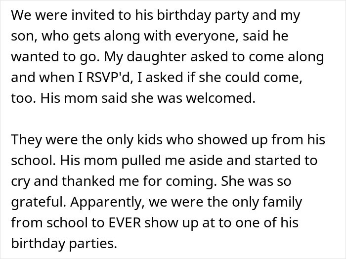 Screenshot of text: parent wonders whether to make daughter attend a birthday party everyone is skipping Screenshot of text: parent wonders whether to make daughter attend a birthday party everyone is skipping