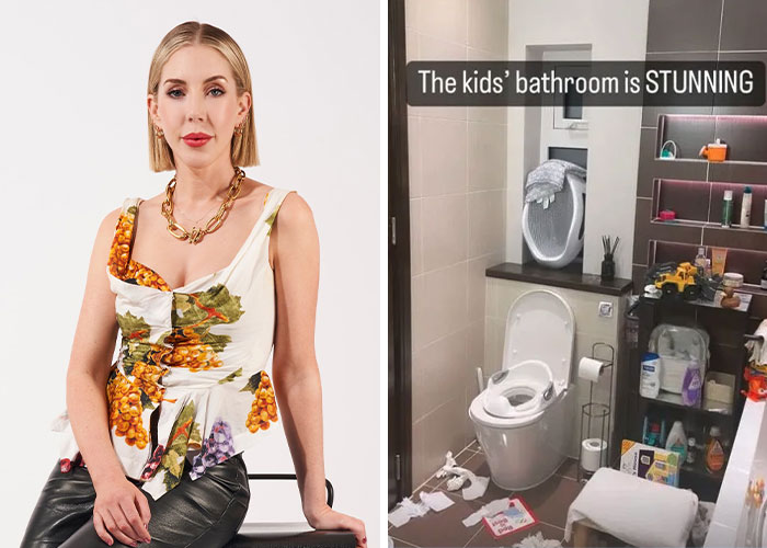 Celebrity posing next to a cluttered and poorly maintained bathroom, illustrating worst celebrity homes and taste issues.