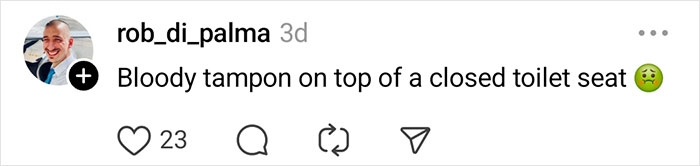 Screenshot of a social media post describing an unhinged passenger behavior involving a bloody tampon on a toilet seat.