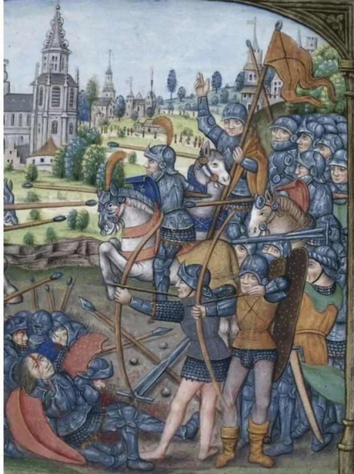 Medieval painting depicting armored knights and archers in battle near a fortified town with detailed landscape background.