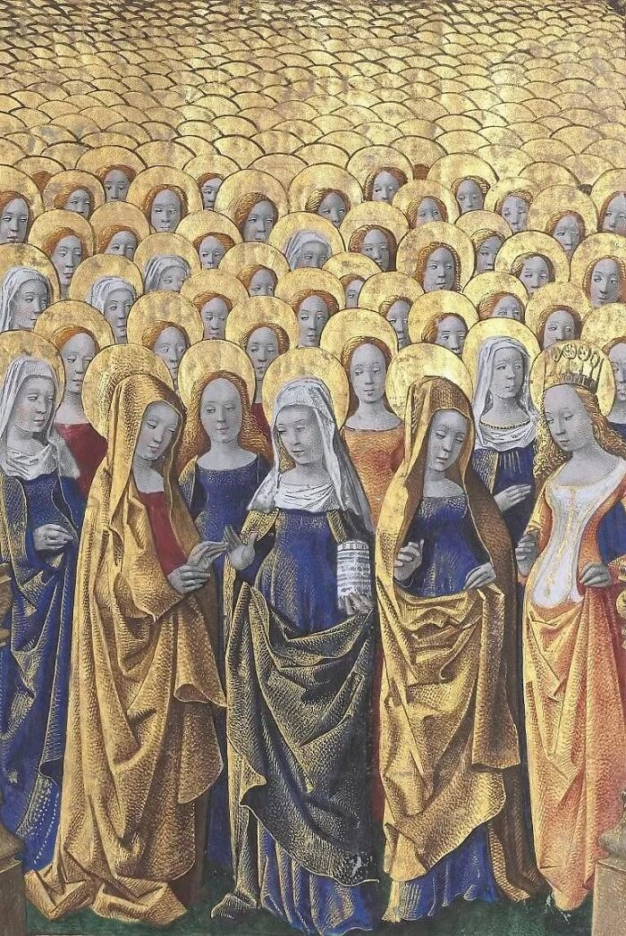 Medieval painting featuring a large group of women with golden halos, ideal for meme captions and punchlines.