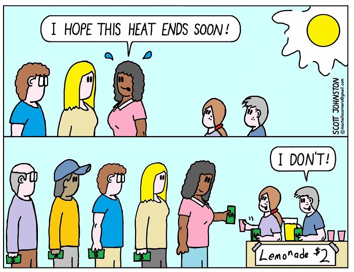 Scott Johnston humorous comic showing people in a heatwave lining up to buy lemonade from kids.