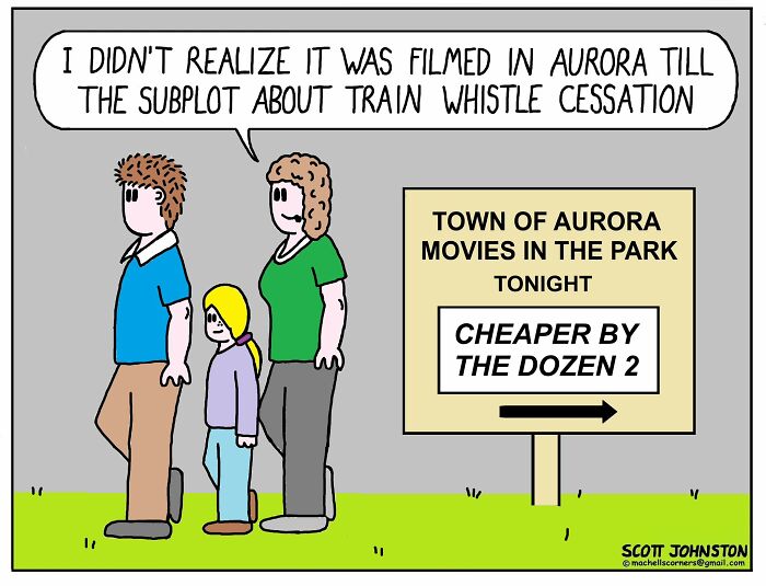 Family stands near a sign for Town of Aurora Movies in the Park in a comic by Scott Johnston.