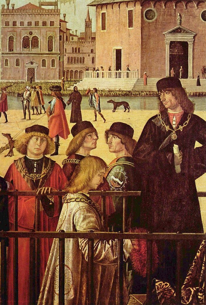 Group of men in medieval clothing near a river with buildings, illustrating meme captions and punchlines for medieval paintings.