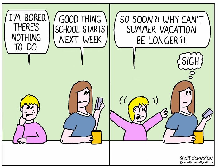 Child expressing boredom and frustration about summer ending in a humorous comic by Scott Johnston.