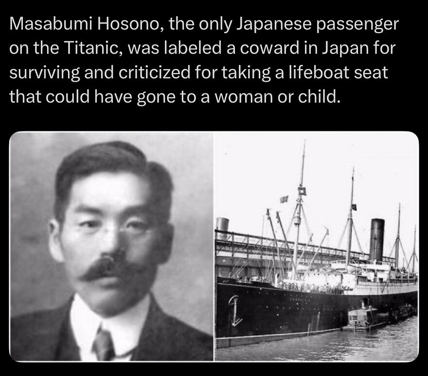 Black and white photos of Masabumi Hosono and the Titanic, linked to scary facts about bones being wet.