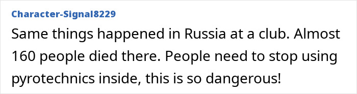User comment warning about dangers of indoor pyrotechnics after a tragic incident with many fatalities in Russia.