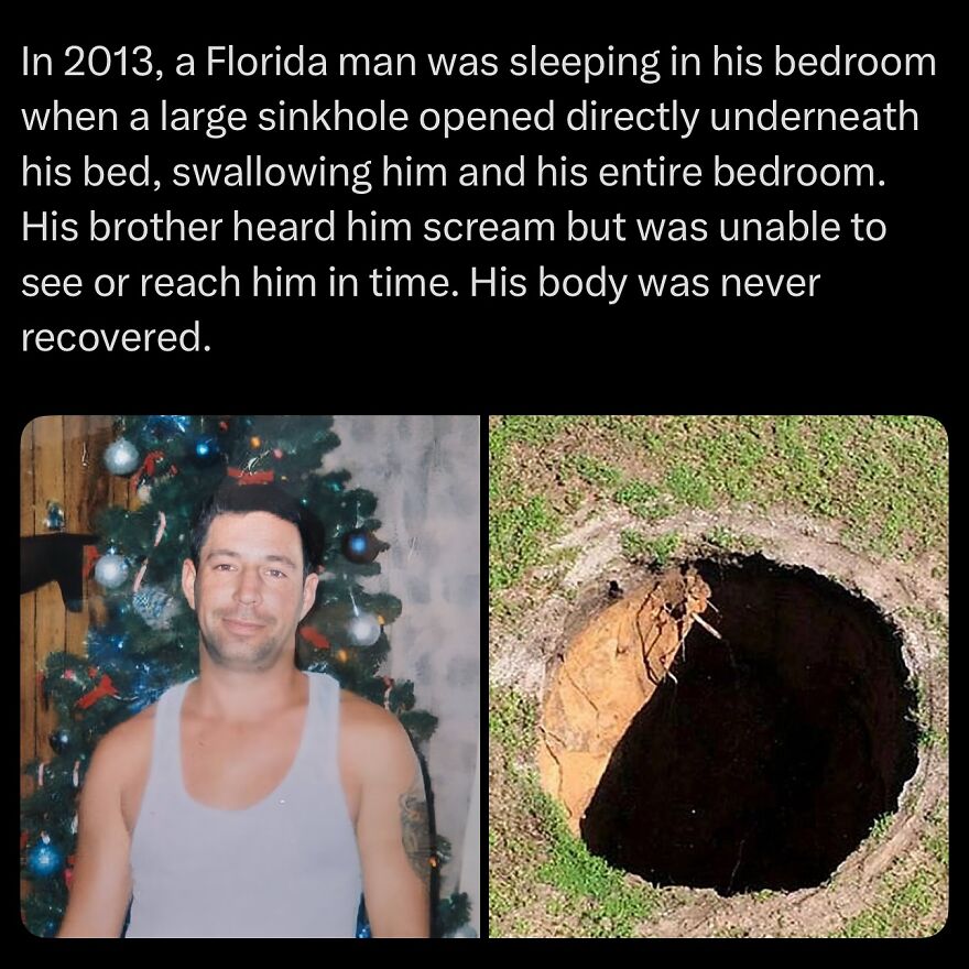 Man standing in front of a Christmas tree next to a large sinkhole, illustrating scary facts about bones and sleep loss.