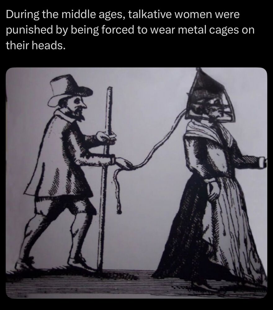 Medieval drawing of woman punished with metal cage on head, illustrating scary facts about bones and fear for sleep.