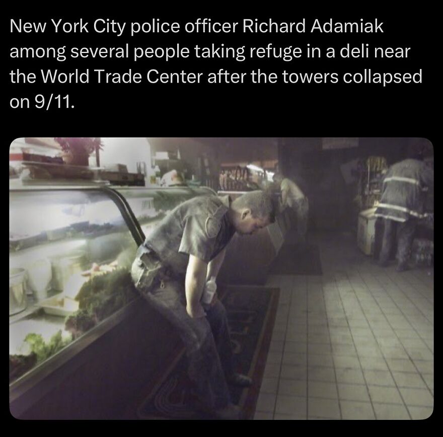 New York City police officer taking refuge in a smoke-filled deli near the World Trade Center after 9/11 disaster.