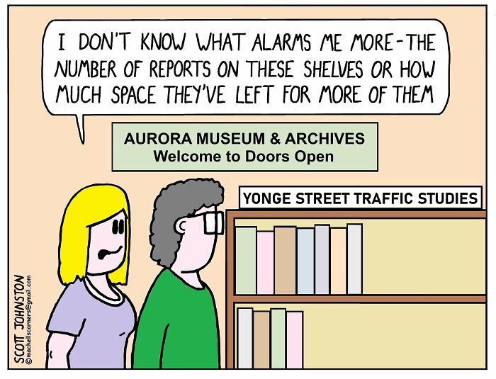 Cartoon by Scott Johnston with two people laughing at mostly empty shelves labeled Yonge Street traffic studies.