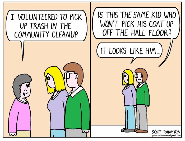Comic by Scott Johnston showing a humorous conversation about community cleanup and a messy kid’s coat in a two-panel cartoon.