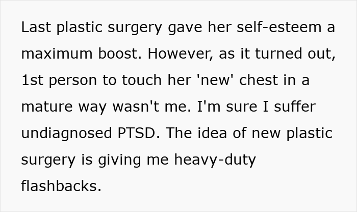 Text about wife’s cosmetic upgrade causing husband’s emotional spiral due to infidelity and plastic surgery flashbacks.