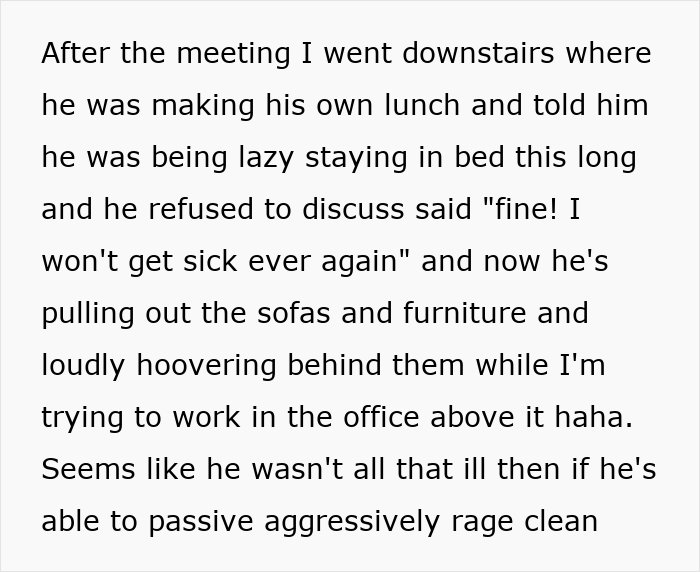 Text excerpt describing a fed up wife dealing with her insufferable husband’s behavior while sick and struggling to work. Text excerpt describing a fed up wife dealing with her insufferable husband’s behavior while sick and struggling to work.