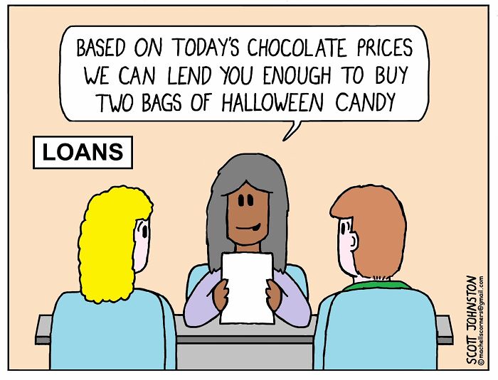 Humorous comic by Scott Johnston showing a loan officer offering candy loans based on chocolate prices.