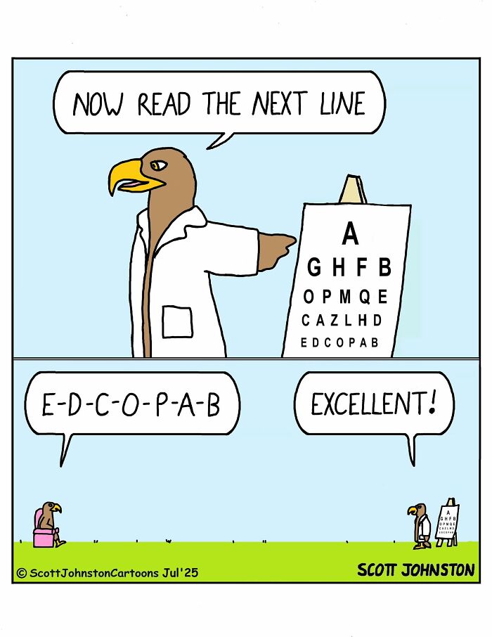 Cartoon eagle in a lab coat pointing to an eye chart in Scott Johnston humorous comics style.