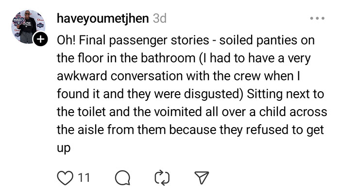 Screenshot of a social media post describing unhinged things flight attendants saw passengers do, including soiled panties and vomiting on a child.