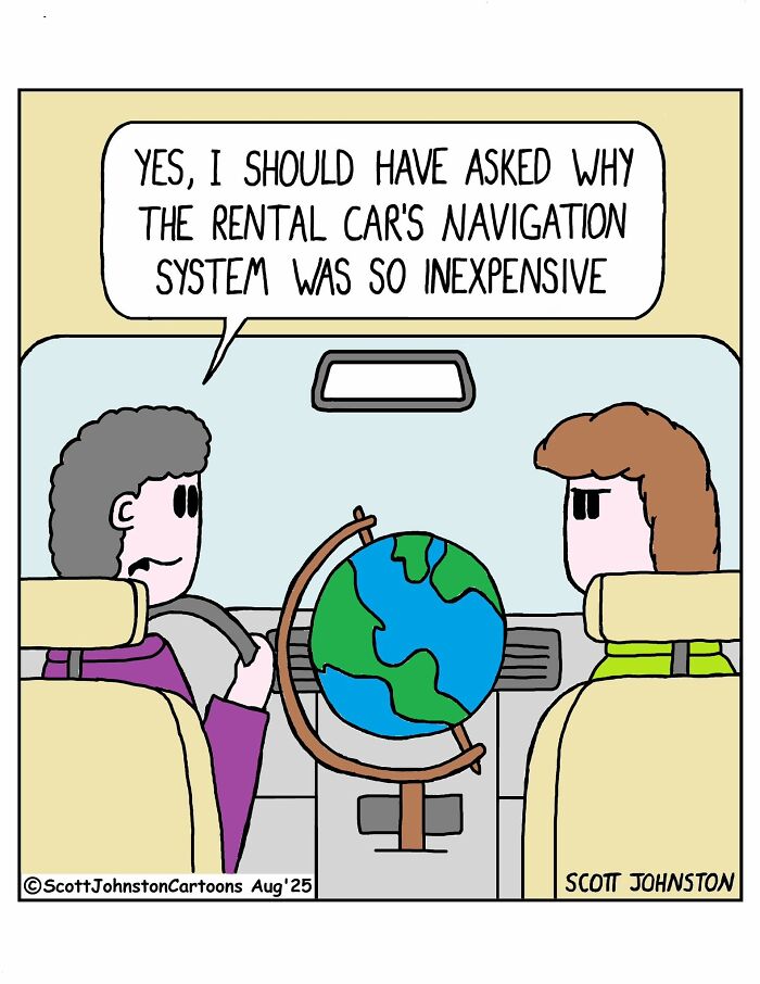 Two people in a car with a globe as a navigation system in Scott Johnston’s latest humorous comics.