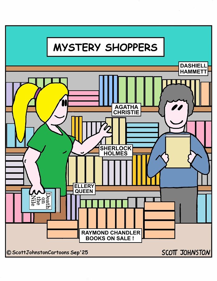 Cartoon of two people shopping in a mystery book section, humorously featured in Scott Johnston’s latest comics.