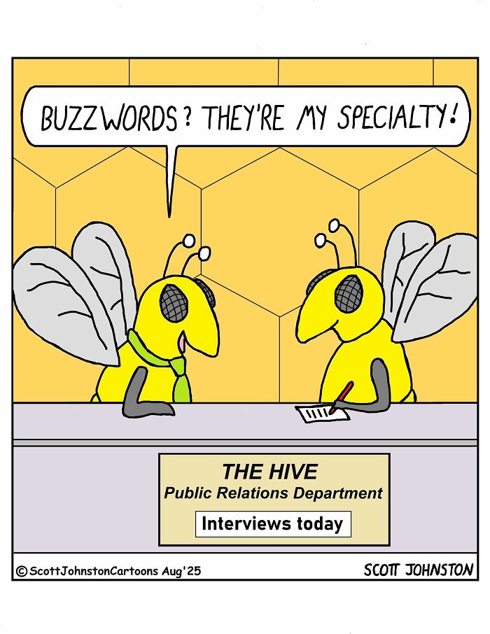 Bee characters at The Hive Public Relations Department with one saying buzzwords are their specialty in humorous comic style.