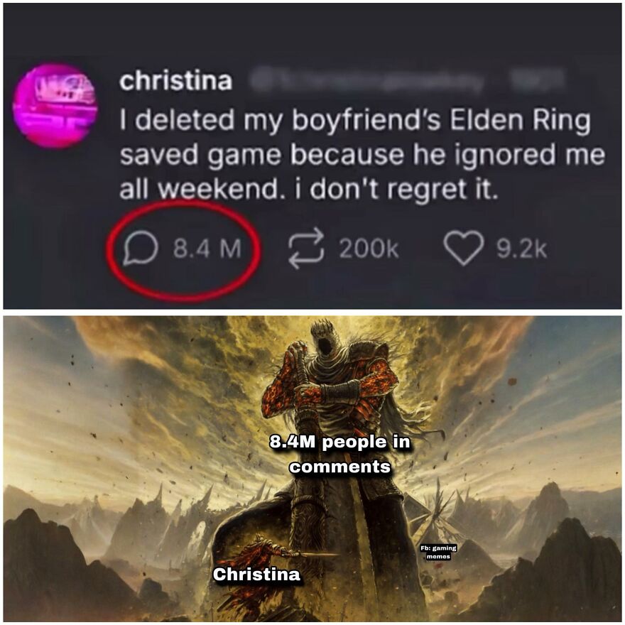 Screenshot of a gaming meme showing a deleted Elden Ring save and a large number of comments from video game fans.