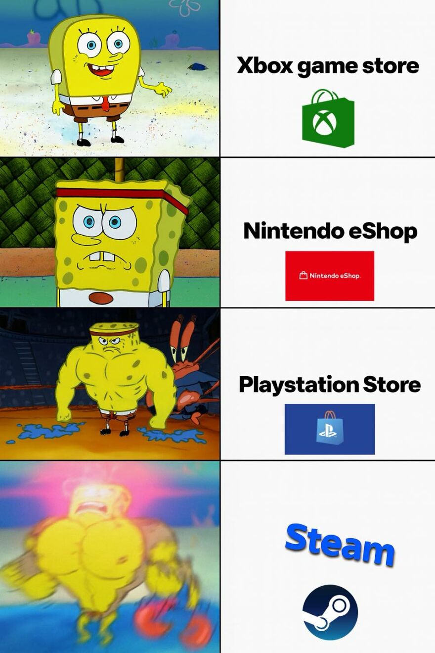 SpongeBob memes showing increasing power levels representing Xbox, Nintendo, PlayStation, and Steam game stores for video games fans.