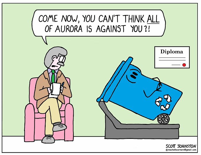 Comic by Scott Johnston showing a therapist talking to an animated trash bin in a humorous setting.