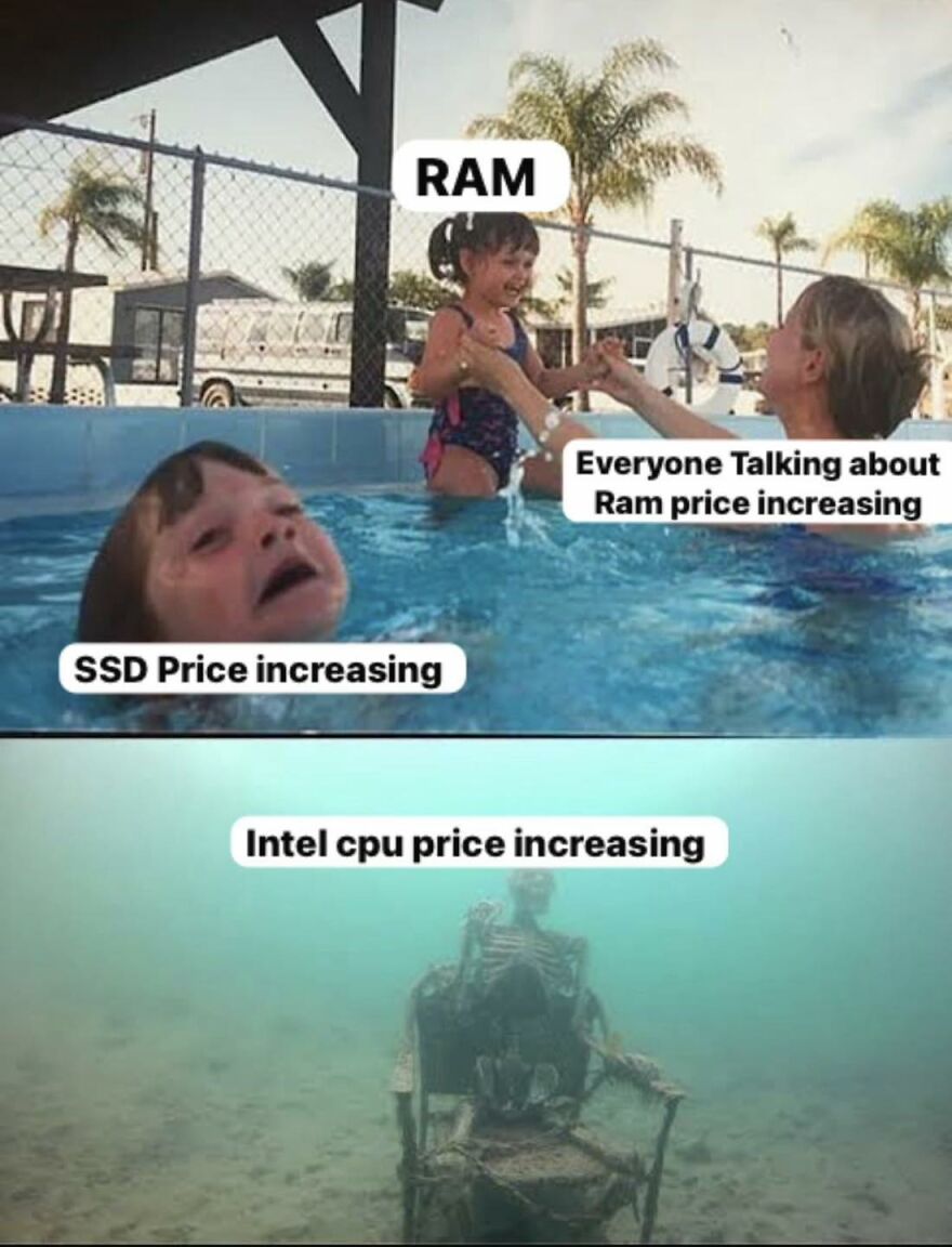 Children and skeleton in pool and underwater representing price increasing memes for exhausted adults who play video games.