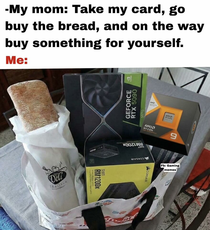 Shopping bag filled with gaming PC parts instead of groceries, illustrating exhausted adults who just want to play video games.