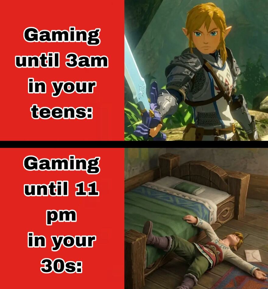 Comparison meme showing video game character Link from Breath of the Wild gaming late as a teen versus exhausted adult in 30s.