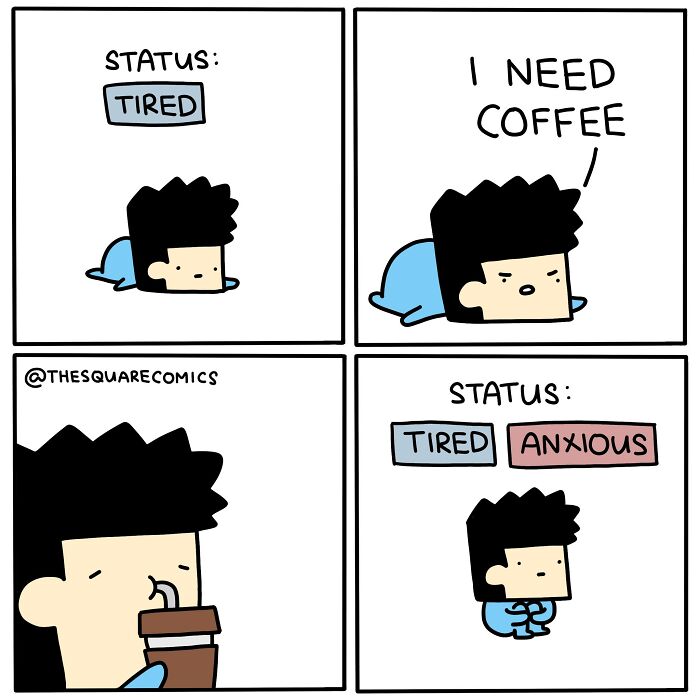Comic strip showing a tired and anxious character expressing the struggle of adulthood and need for coffee.