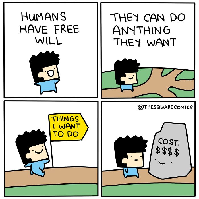 Comic illustrating the struggle of adulthood with free will limited by high costs blocking desired actions.