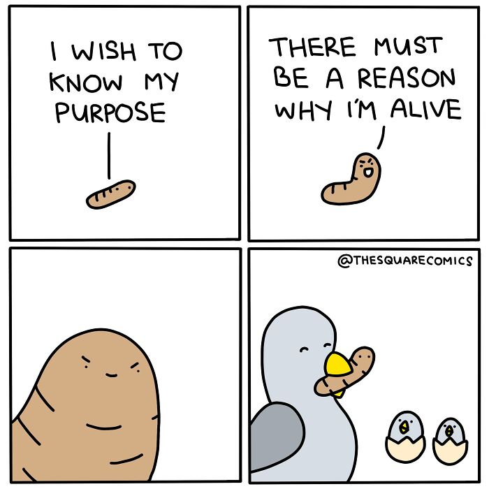 Comic strip showing a worm seeking purpose, then being used by a bird, illustrating darkly funny comics about adulthood struggles.