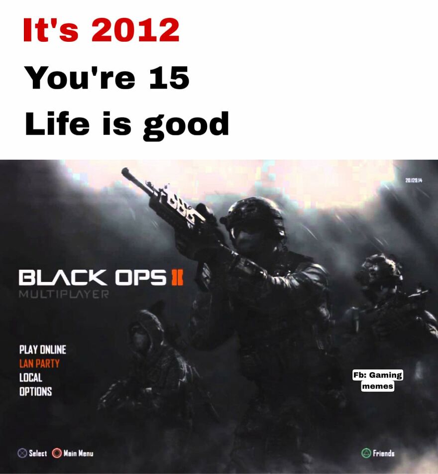 Black Ops II multiplayer screen with soldiers and nostalgic video games theme for exhausted adults.