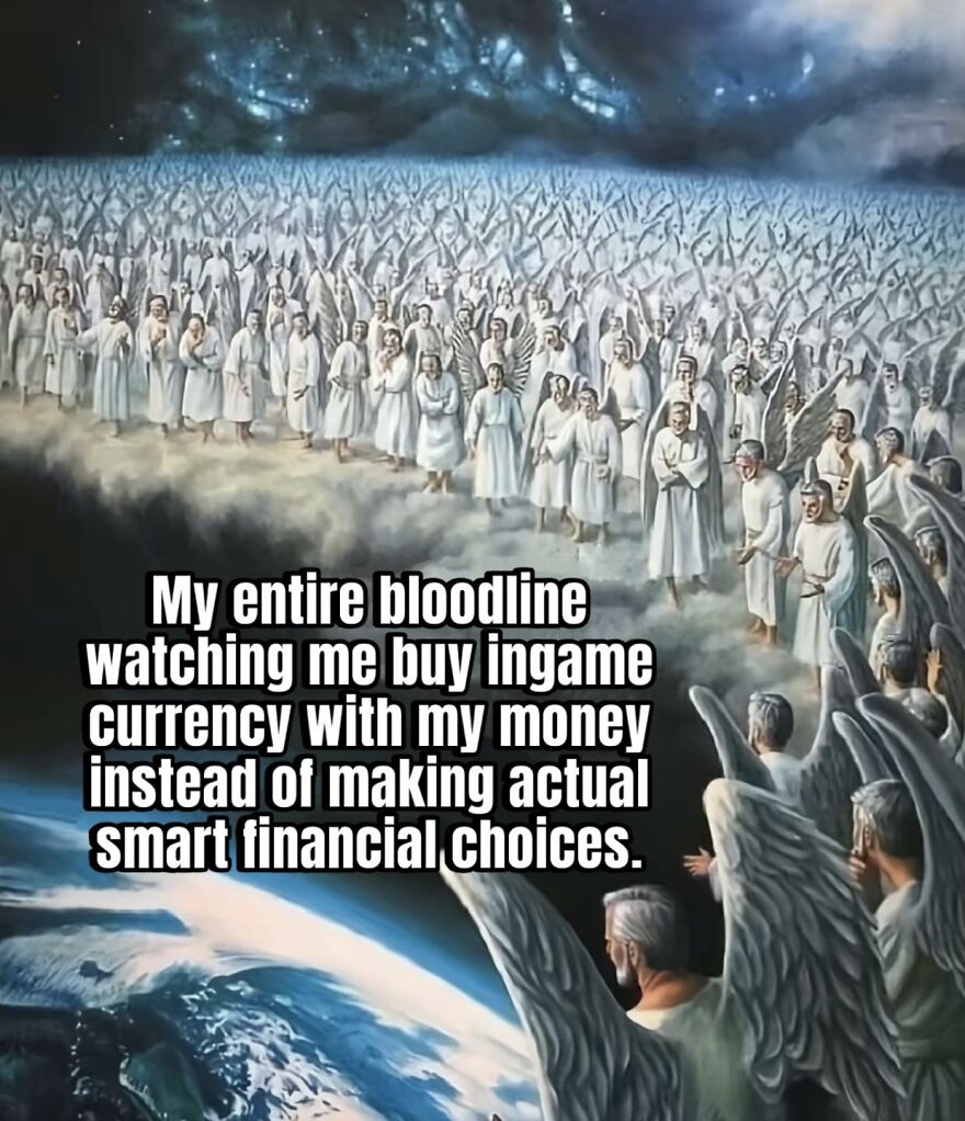 A large group of angels watching with concern, relating to exhausted adults playing video games and financial choices.