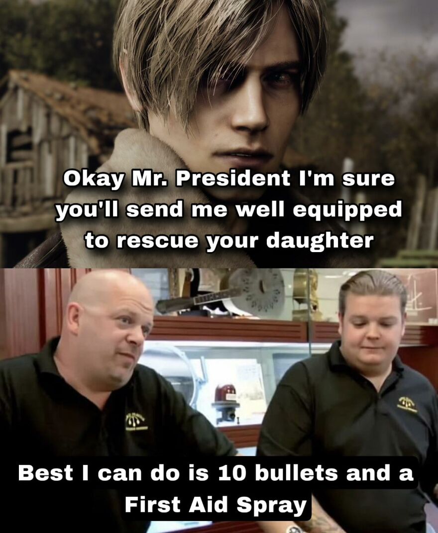 Video game meme showing a character asking for rescue gear and a p**n shop owner offering limited supplies.