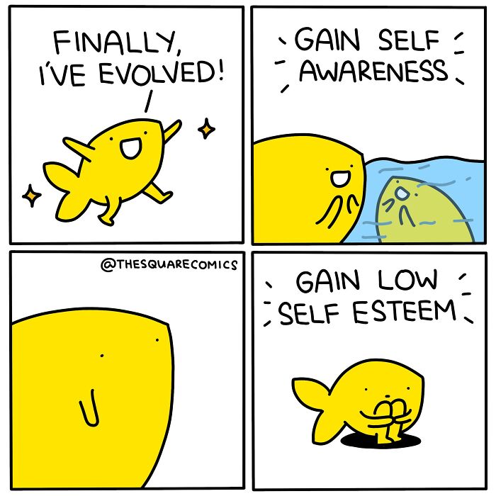 Yellow fish comic illustrating adulthood struggles with self-awareness and low self-esteem in a darkly funny style.