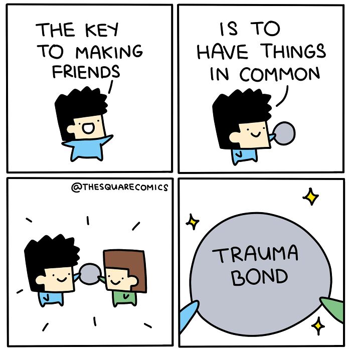 Darkly funny comic illustrating the struggle of adulthood through a humorous take on forming trauma bonds.