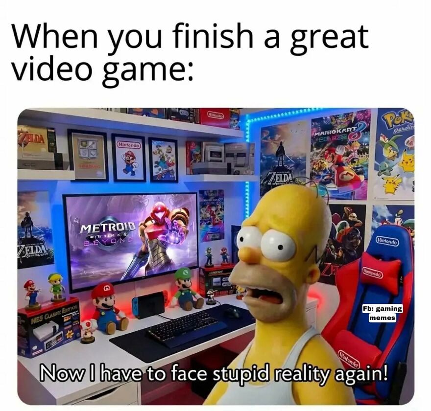 Homer Simpson meme in a gaming room highlighting relatable memes for exhausted adults who want to play video games.