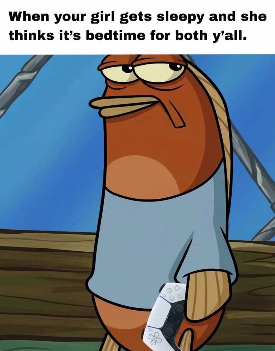 Tired cartoon fish holding a video game controller, expressing exhaustion relatable to adults who want to play video games.