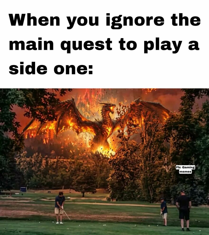 A large fiery dragon burning a forest in the background while people play golf in the foreground, relatable video game meme.