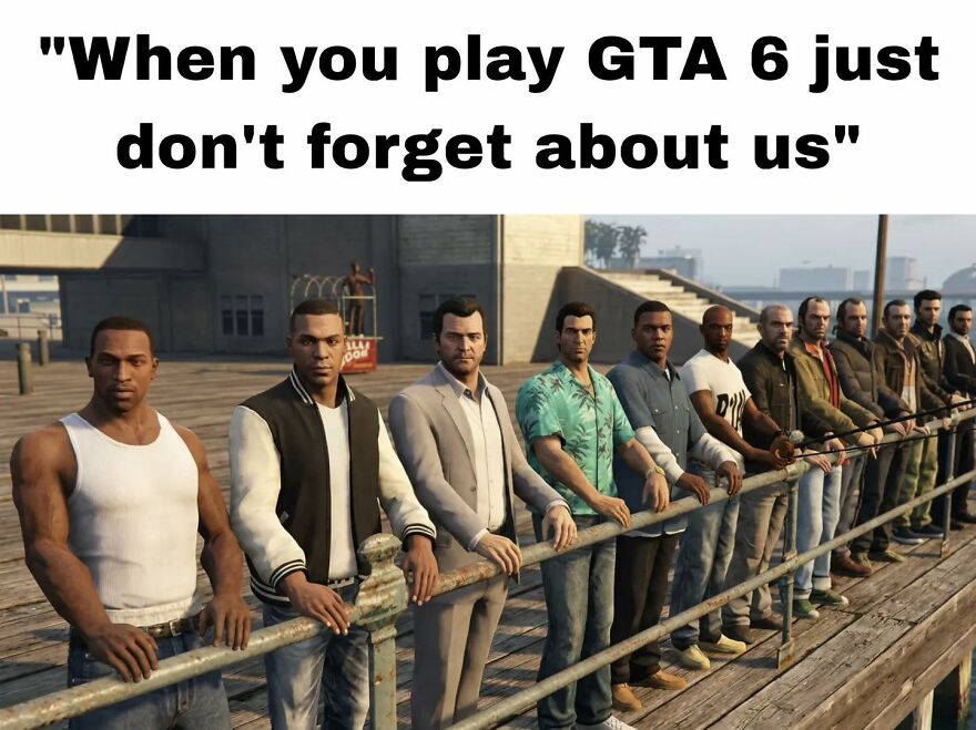 Group of video game characters lined up on a pier with text about playing GTA 6 in relatable gaming memes for exhausted adults.