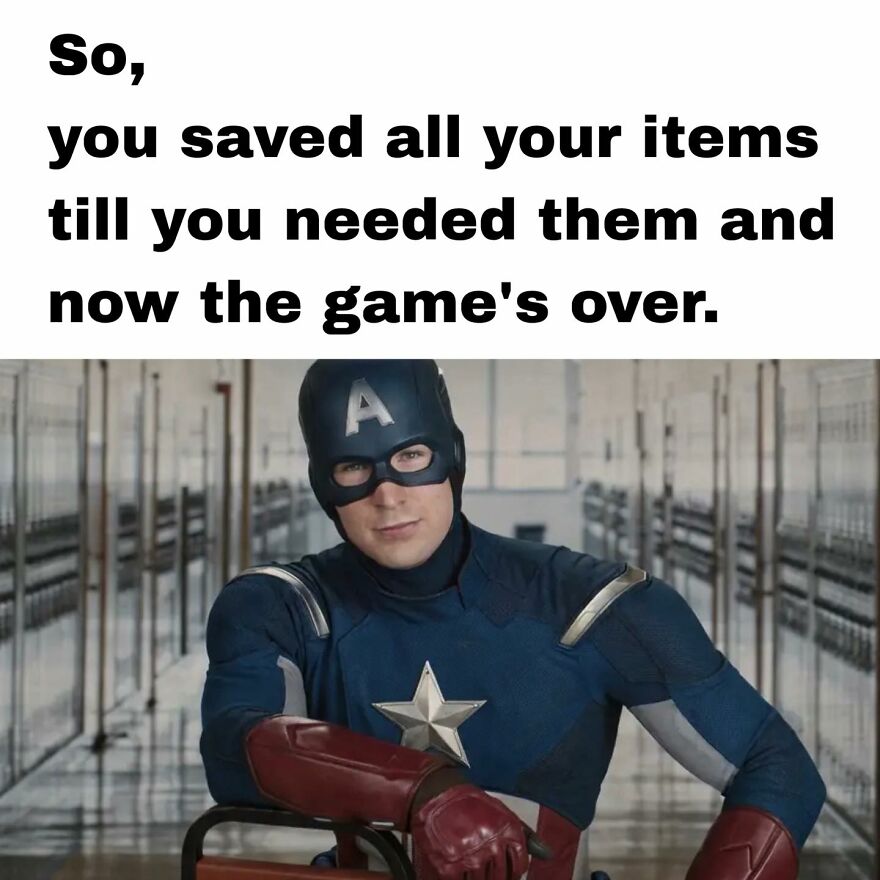 Captain America leaning on a chair with text about saving items until the game is over, relatable memes for exhausted adults gaming.