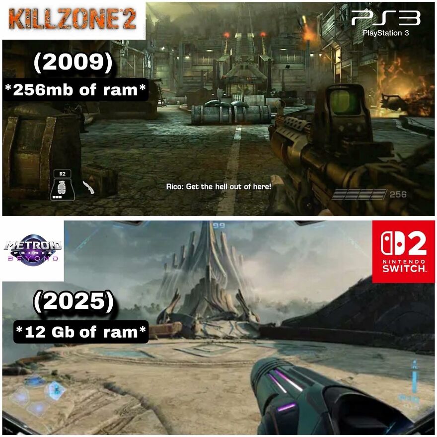 Comparison of video game graphics and RAM from 2009 Killzone 2 on PS3 to 2025 Metroid on Nintendo Switch 2.