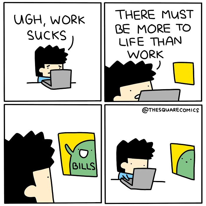 Darkly funny comic showing the struggle of adulthood with work stress and bills looming over a person on their laptop.